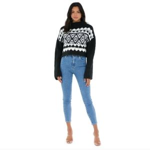 Free People Alpine Crop Mock Neck Sweater Onyx Combo XL Black